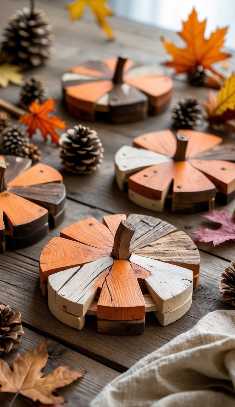 Pumpkin-shaped wooden coasters on a rustic table surrounded by autumn leaves, pine cones, and cinnamon sticks.